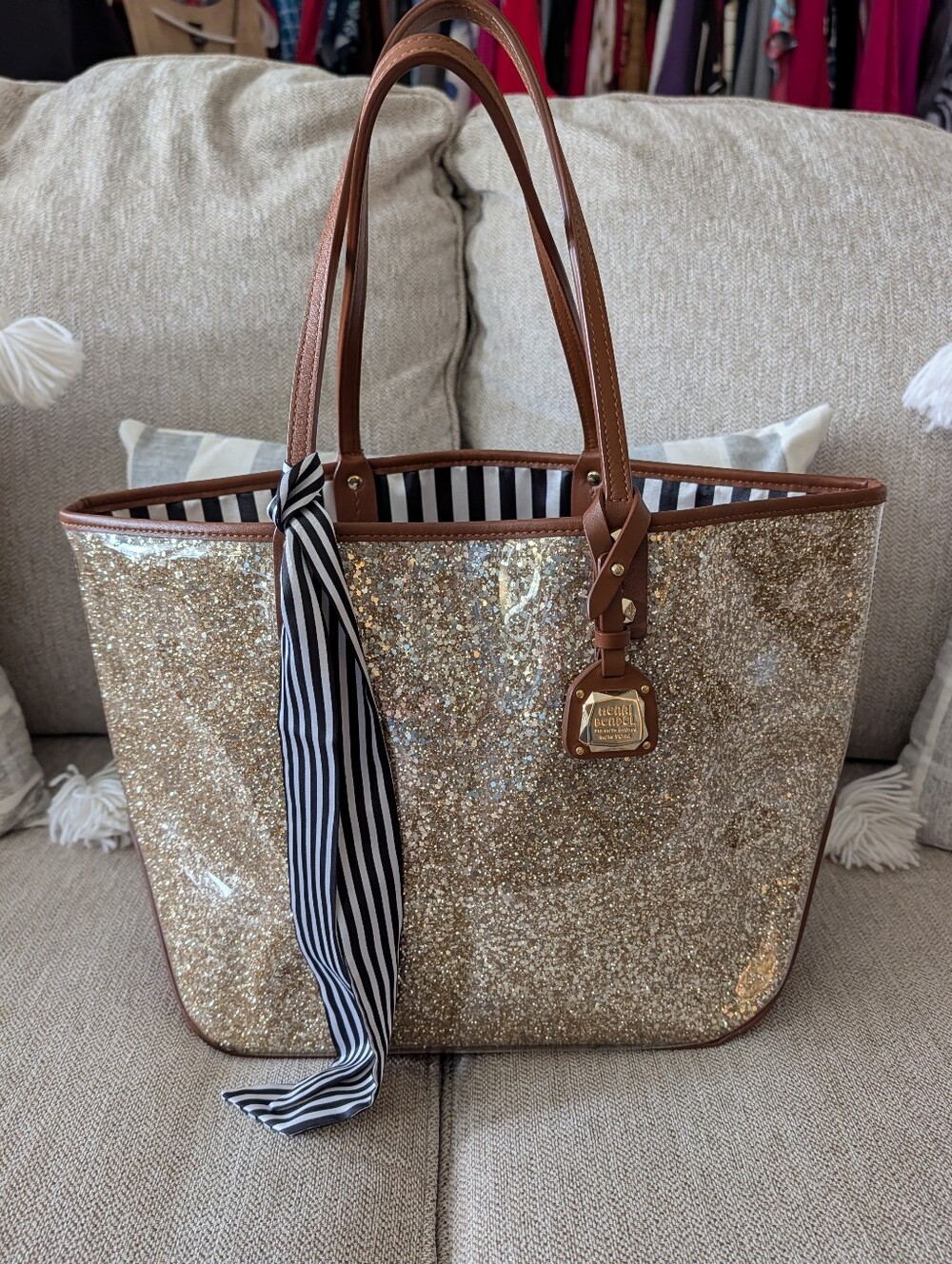 Henri Bendel Gold Glitter Tote with Leather Trim EUC